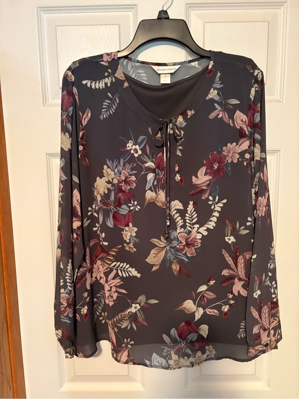 Christopher & Banks gray, beige and burgundy tie neck top with sewn in matching